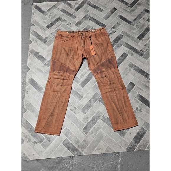 New Rock Revival Men's Distressed Denim Biker Moto Jeans "Ivan" Orange 42x32 - Picture 6 of 13